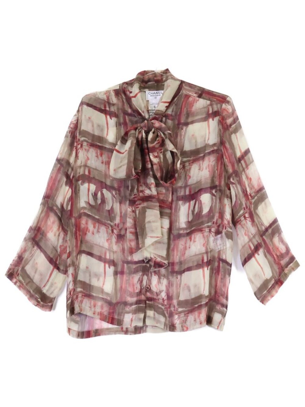 Chanel 98A All Over Print CC Logo Button Silk 100% Sheer Bow Tie Long Sleeve